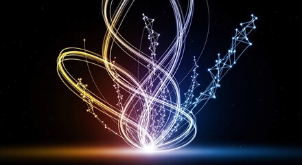 Abstract light trails and particle networks against a starry dark background