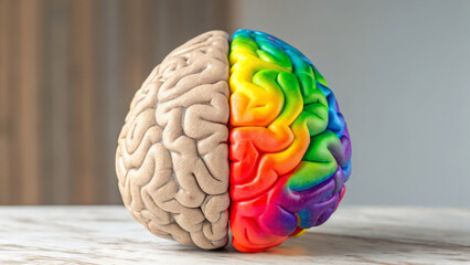 Neurodiversity concept ,natural brain half gray half colorful with rainbow creative hemisphere expressing imagination