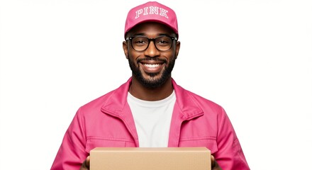 Smiling delivery man with a pink cap and jacket holding a cardboard box, ready to serve with a friendly and professional demeanor.