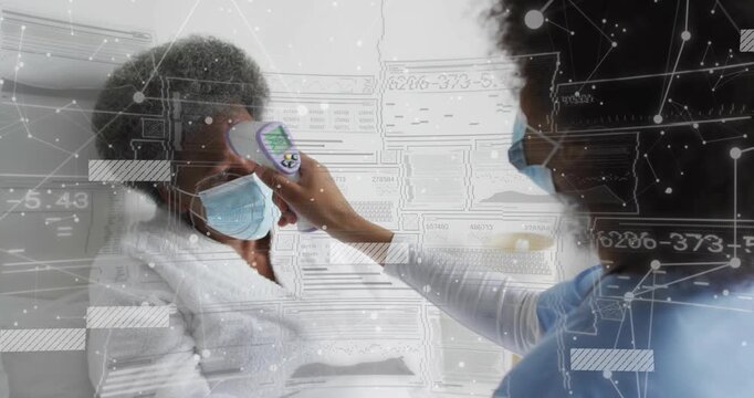 Caregiver using infrared thermometer senior patient measuring temp with medical overlay reading