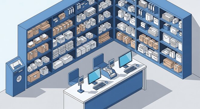 Isometric illustration of a well-stocked office supply store. Shelves are filled with boxes, printers, and office equipment. A counter with computers is at the front for customer service.