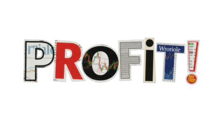 Collage Artwork of the Word Profit with Financial Charts and Data.