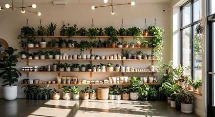 Sunlit interior of a plant shop showcasing an extensive collection of potted plants, planters, and related products on wooden shelving. Modern and minimalist aesthetic.