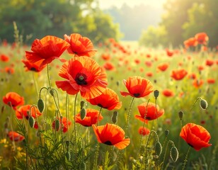 Obraz premium Radiant Poppy Field in the Golden Hour