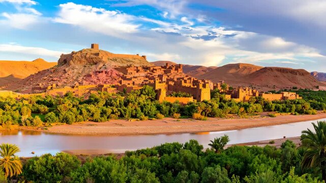 Panoramic view of ancient fortified village with traditional architecture near riverbank, surrounded by lush green oasis and desert landscape under blue sky
