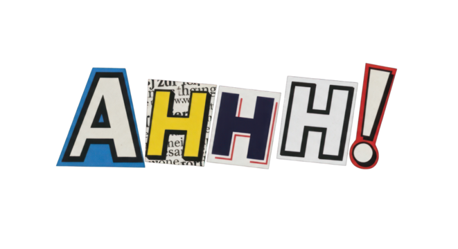 Collage of letters spelling AHH with exclamation mark.