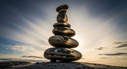 Balanced stacked stones against a dramatic sky