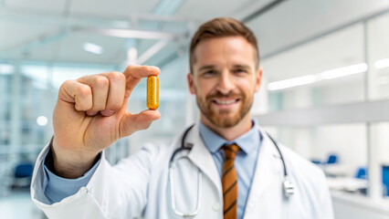 Turmeric supplement concept ,doctor holding turmeric capsule in clinical setting with confident smile and warm lighting