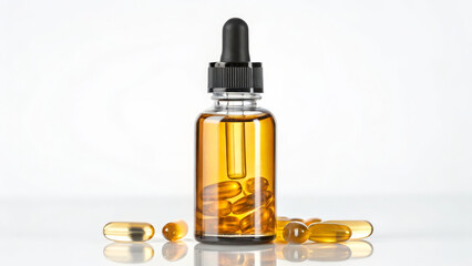 Dietary and supplement concept ,amber dropper bottle with infused oil and softgel capsule arrangement, calm wellness mood