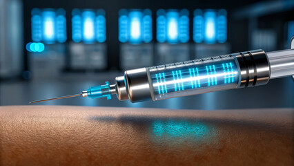 MRNA vaccines concept ,futuristic vaccine syringe injecting encoded rna glowing needle on skin, clinical mood