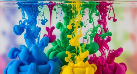 Brightly colored ink clouds swirl and diffuse in clear water