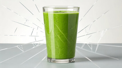 Green smoothie with visible plastic shard contamination in glass, alarming food safety concern and hazard