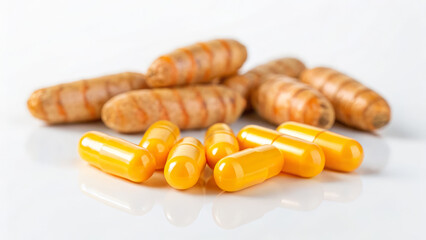 Turmeric supplement concept ,glowing turmeric capsules turmeric root supplement capsule herbal supplement natural remedy