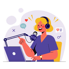 A blonde woman with headphones enthusiastically records a podcast using a microphone and laptop, surrounded by speech bubbles and heart icons.