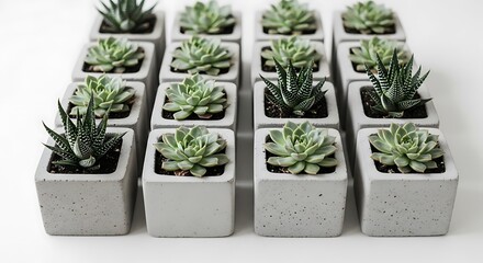 A neat arrangement of twenty small succulents in light grey concrete square pots. The succulents vary slightly in type, creating a visually appealing pattern. Clean, minimalist aesthetic.