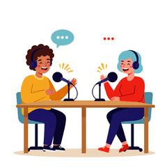 Two people are recording a podcast, sitting at a table with microphones and headphones, smiling and engaged in conversation.