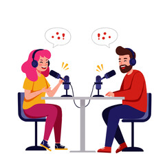 Two people, a woman with pink hair and a bearded man, are recording a podcast at a table with microphones and headphones.