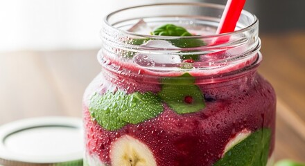 Closeup of a cold berry smoothie in a mason jar with a red straw