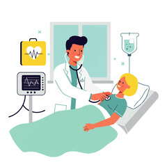 A doctor in a white coat uses a stethoscope to examine a female patient lying in a hospital bed, with medical equipment and a window in the background.