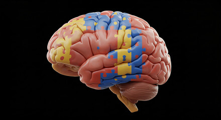3D Brain Illustration with Autism Puzzle Pattern Overlay – Frontal and Temporal Lobe Highlight