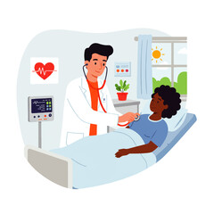 A doctor in a white coat uses a stethoscope to examine the chest of a Black female patient lying in a hospital bed.
