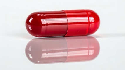 Vitamin B12 supplements concept ,red capsule reflecting on glossy surface with soft shadow and bright highlight