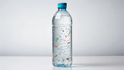 Microplastic and Contamination concept ,clear plastic bottle with floating microplastic particles and water droplets