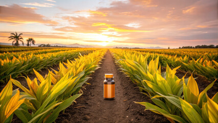 Turmeric field sunrise bottle supplement natural wellness golden crop path vibrant countryside