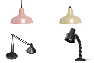 Obraz premium Assorted lamps and lighting fixtures, including modern hanging ceiling lamps in pastel colors and black desk lamps with adjustable arms, isolated on a clean background.