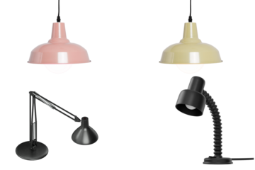 Assorted lamps and lighting fixtures, including modern hanging ceiling lamps in pastel colors and black desk lamps with adjustable arms, isolated on a clean background.
