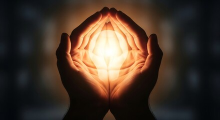Cupped hands hold a bright glowing light bulb