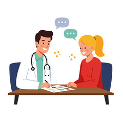 A smiling male doctor in a white coat consults with a blonde female patient at his desk, with speech bubbles above them.