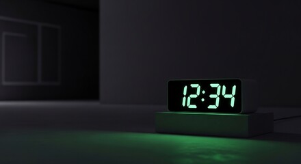 Digital clock showing 1234 in a dimly lit modern room with green lighting