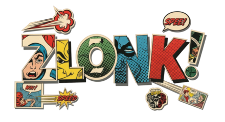 Zlonk Comic Book Style Word Art with Superhero Panels.