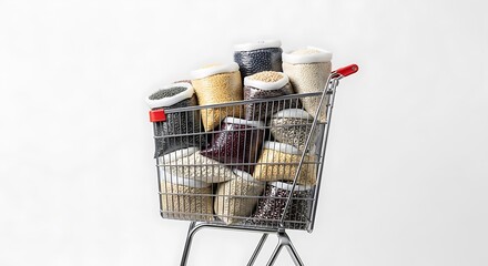 A small shopping cart overflowing with various bags of grains and legumes. The bags are sealed and appear to be pre-packaged. The background is plain white.