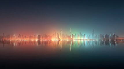 Spectacular Futuristic City Skyline Glowing with Neon Lights Reflections on Calm Water at Night