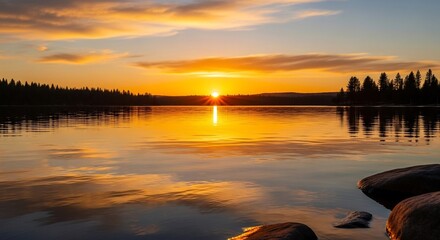 Golden sunset over a tranquil lake with silhouetted trees and reflective water
