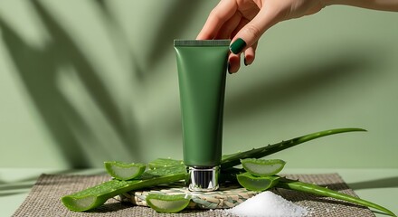 Aloe vera product with hand isolated on green background in studio shot