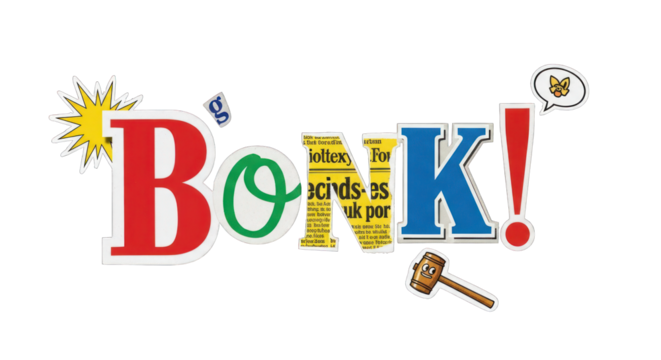 Colorful Collage Word Art Book with Gavel and Starburst.