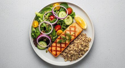 Grilled salmon with quinoa and salad served on a white plate
