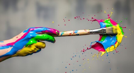 Hand covered in colorful paint splattering from a paintbrush