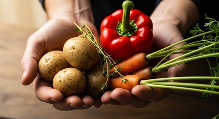 Hands holding fresh potatoes carrots bell pepper and herbs