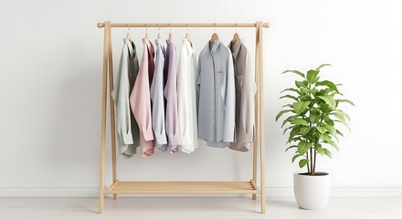 A minimalist wooden clothing rack displays pastel-colored long-sleeved shirts against a white wall. A small potted plant adds a touch of nature to the scene. Simple, clean aesthetic.