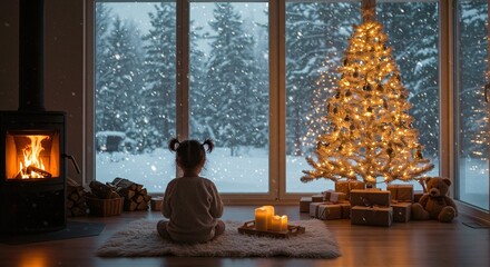 Girl looking out snowy window at Christmas, warm by the fire, with tree, presents, and teddy bear adding to the cozy scene.