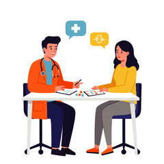 A doctor in an orange coat consults with a female patient at a table, discussing health and treatment options.