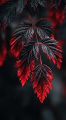 Close-up of vibrant red and dark leaves, showcasing intricate textures and a dramatic color contrast against a blurred, dark background.