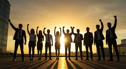 Silhouetted group of business people with arms raised, celebrating a victory or achievement at sunset with a building in the background.