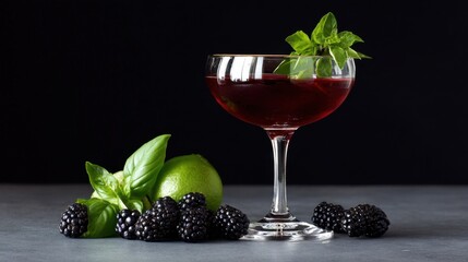 Refreshing Cocktail with Blackberries and Basil on a Dark Background