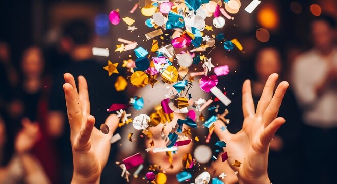 Hands toss colorful confetti in a blurred crowd