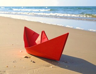 Red origami boat on sandy beach by ocean